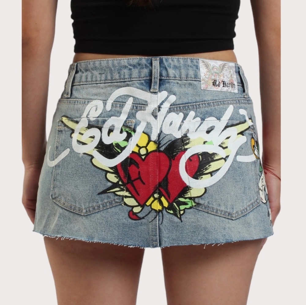 Ed Hardy Y2K Printed Denim Cutoff Micro Mini Skirt Size Large